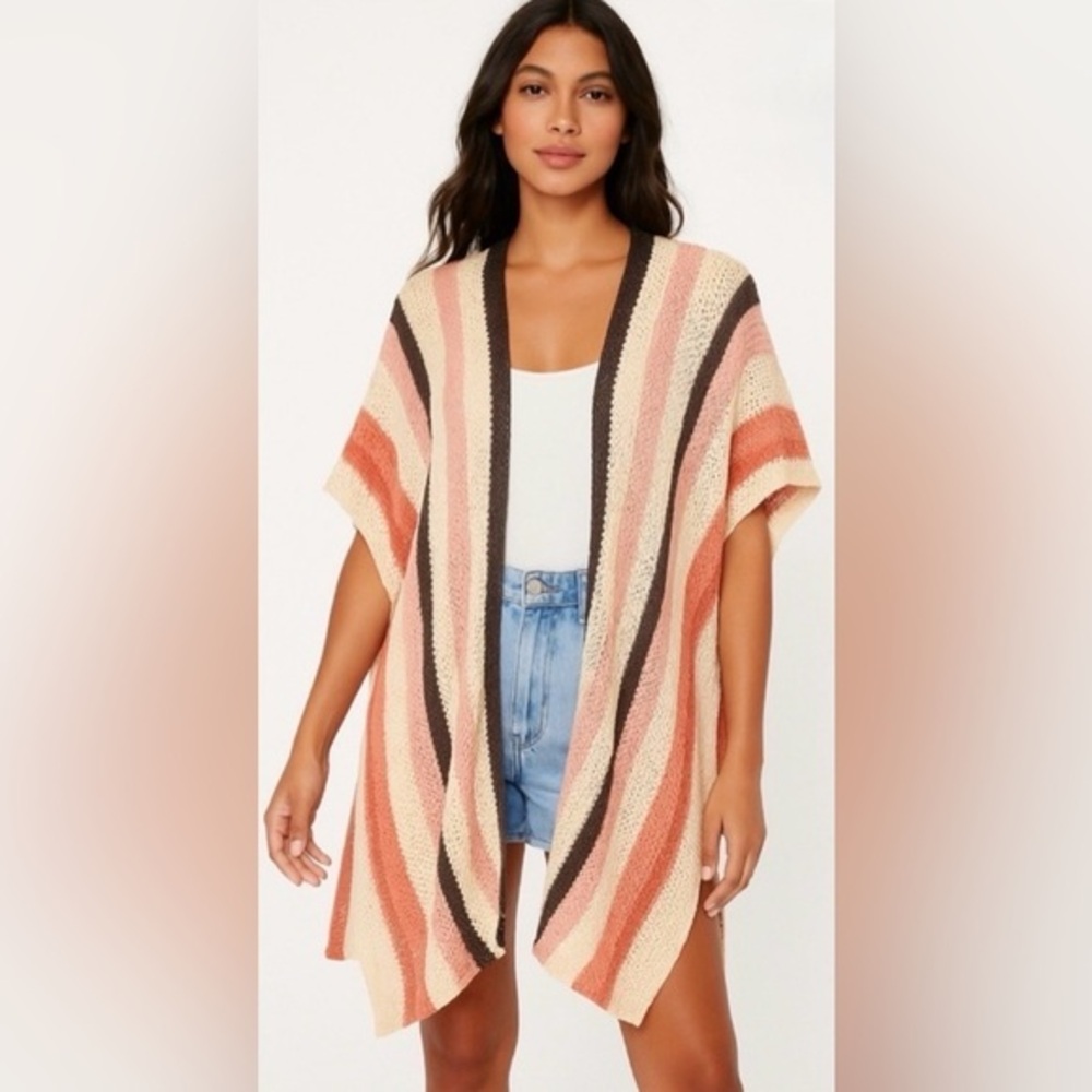 House of Harlow 1960 Striped Crochet Kimono Cardigan Pink Boho Beach Resort Chic